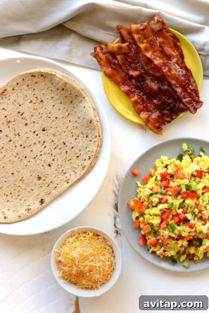 A close-up shot of the vibrant, fresh ingredients ready for assembly into protein-packed breakfast burritos.