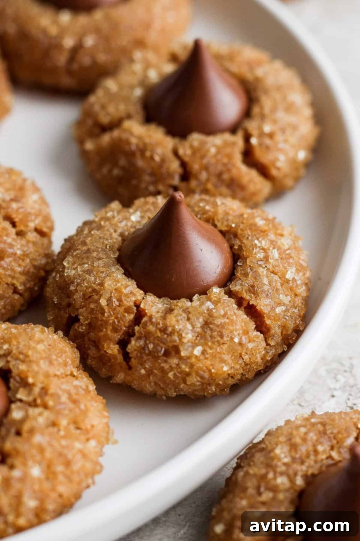 Ultimate Flourless Peanut Butter Blossoms 2 Peanut butter cookies with chocolate kisses on a plate, ready to be enjoyed.