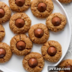 Deliciously baked flourless peanut butter blossoms cooling on a white plate, ready to be served.