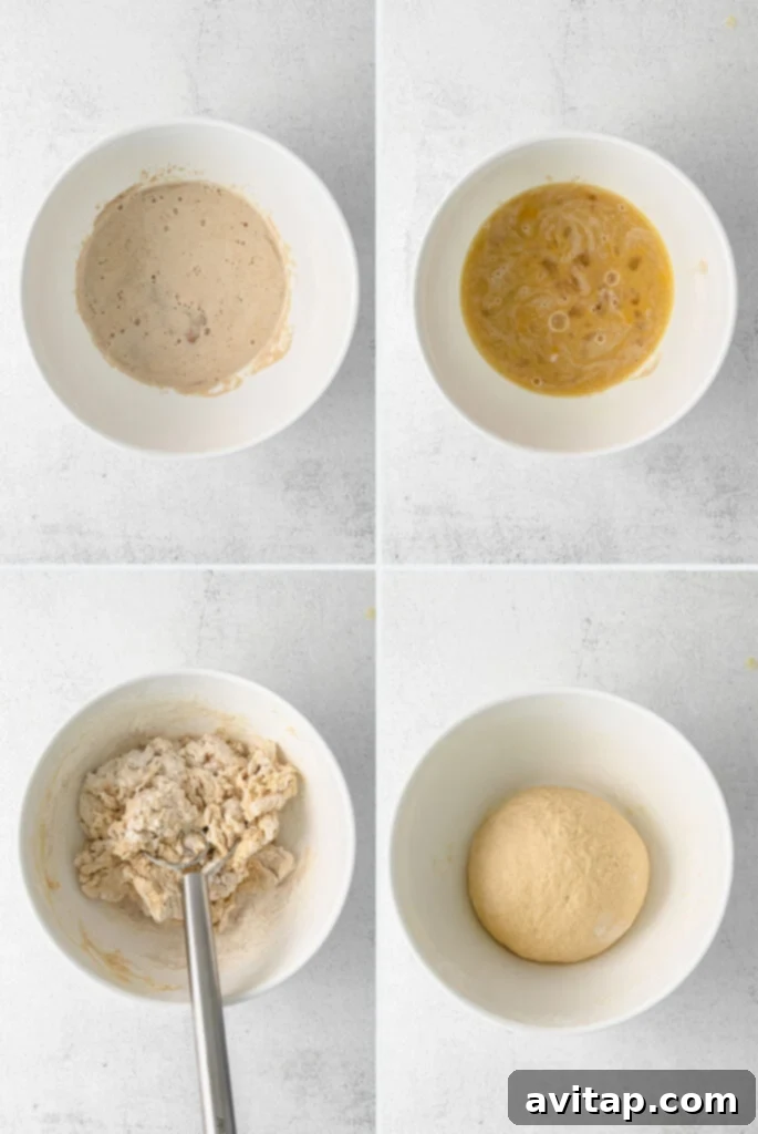 maple cinnamon rolls dough being mixed in bowls