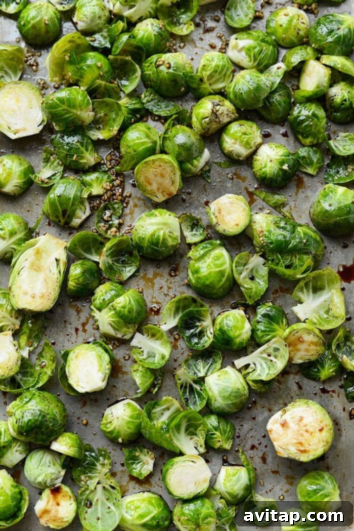 Beautifully roasted Brussels sprouts, glistening with balsamic and olive oil, arranged on a baking sheet, ready to be served.