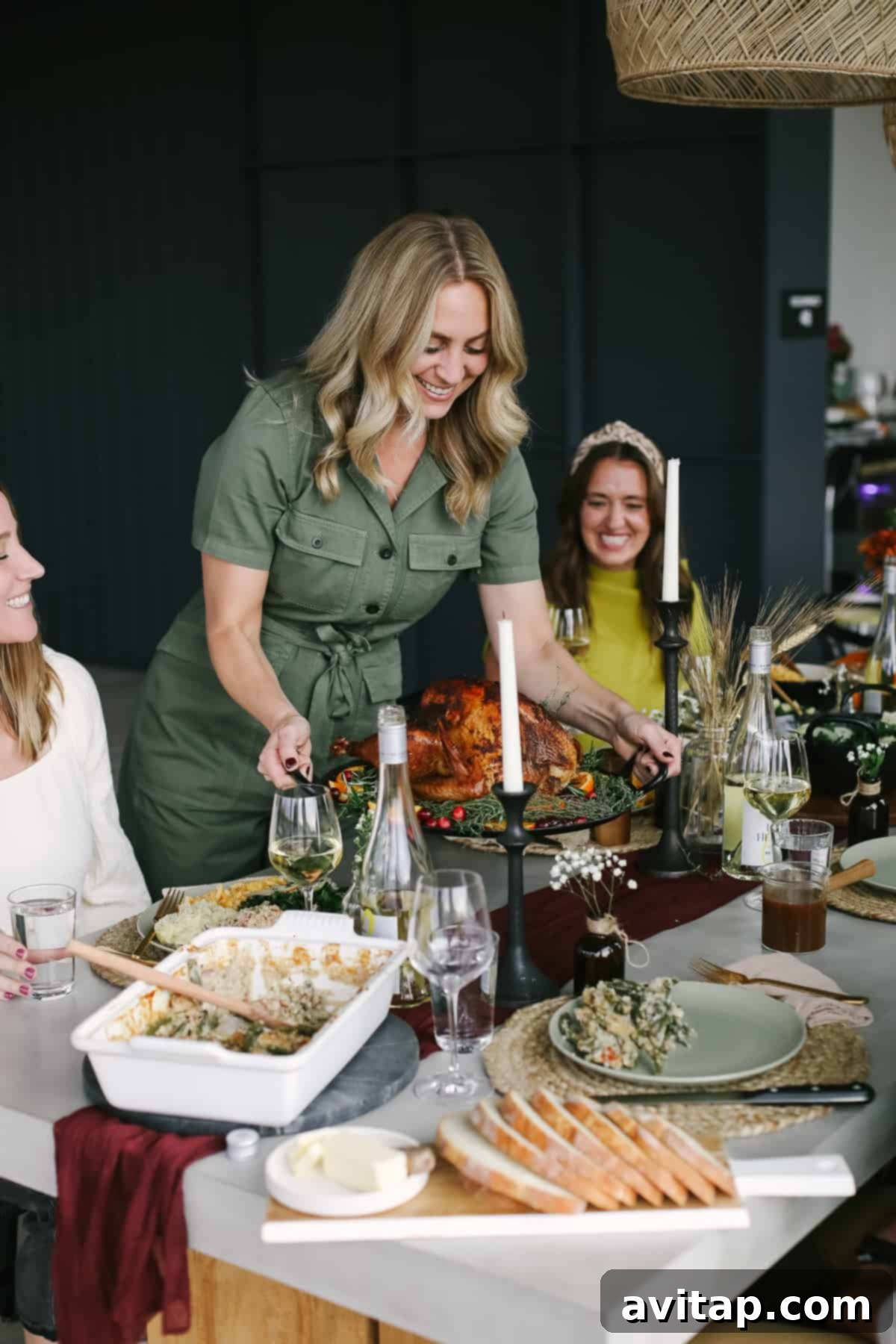 Ultimate Thanksgiving Menu & Planning Guide Woman placing a perfectly cooked turkey on a beautifully set Thanksgiving table, symbolizing the joy of a holiday feast.