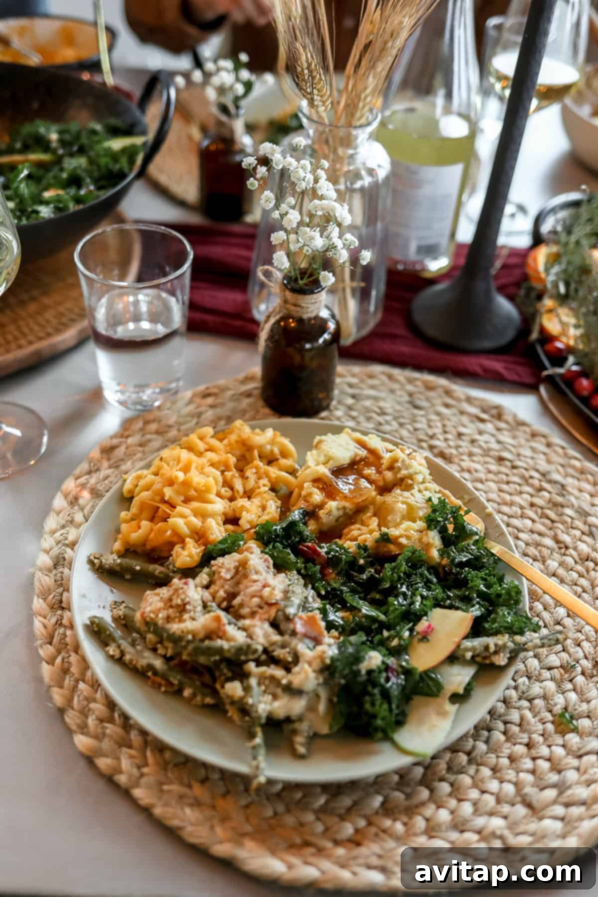 A Delicious Thanksgiving Plate A perfectly plated Thanksgiving dinner with slices of smoked turkey, creamy mashed potatoes, green bean casserole, and cranberry sauce.