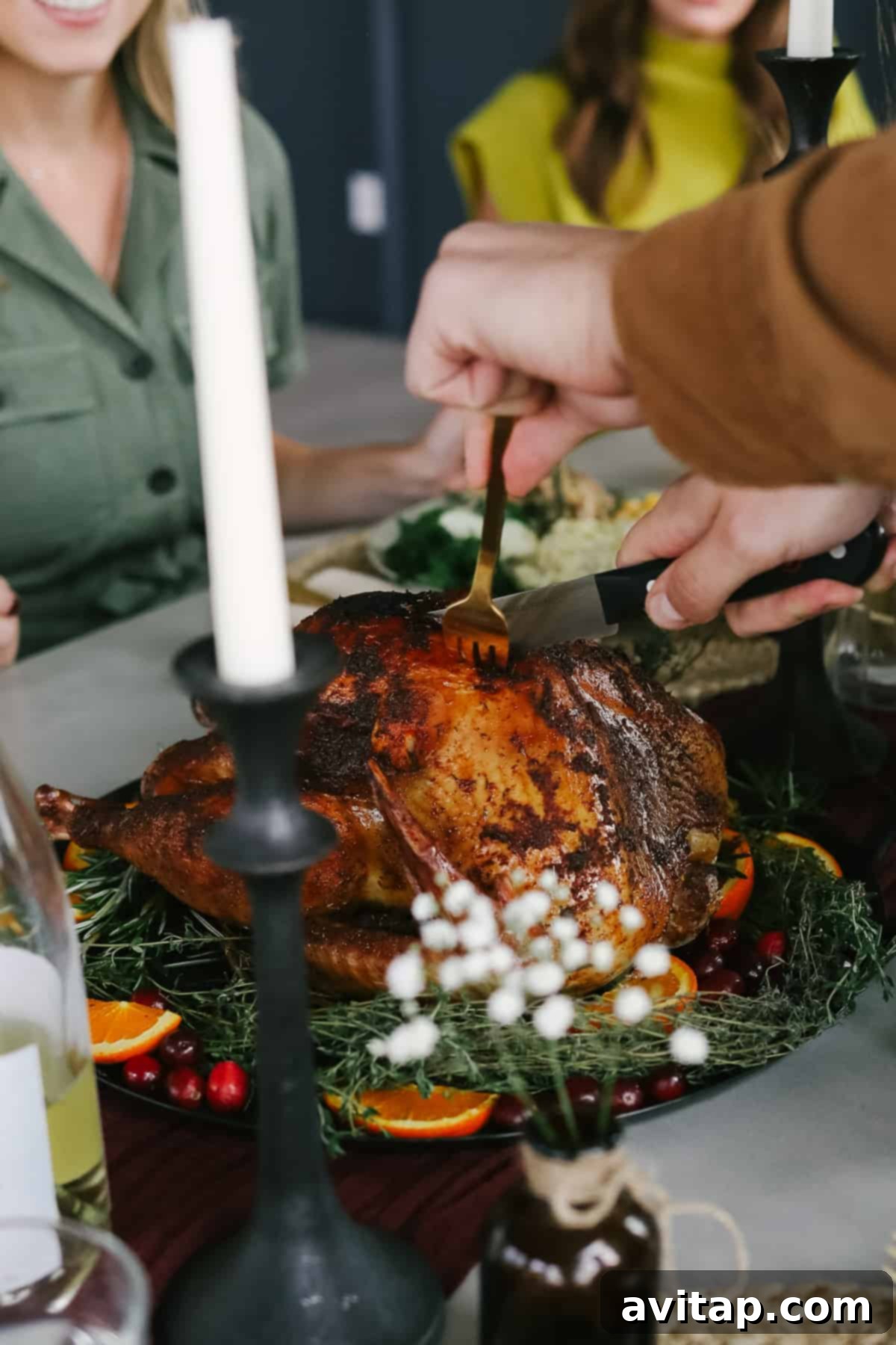 Carving the Ultimate Smoked Turkey A man skillfully carving a perfectly cooked smoked turkey on a Thanksgiving table, surrounded by an abundance of delicious holiday dishes.