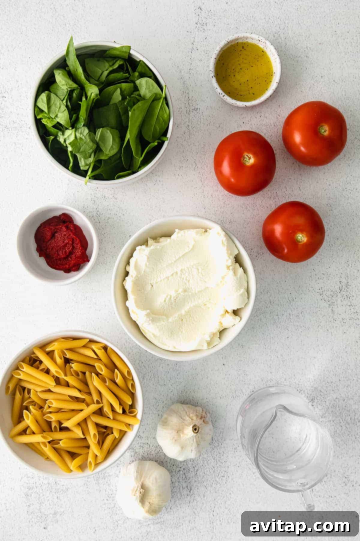 Fresh ingredients laid out on a kitchen countertop: tomatoes, garlic, spinach, ricotta, pasta