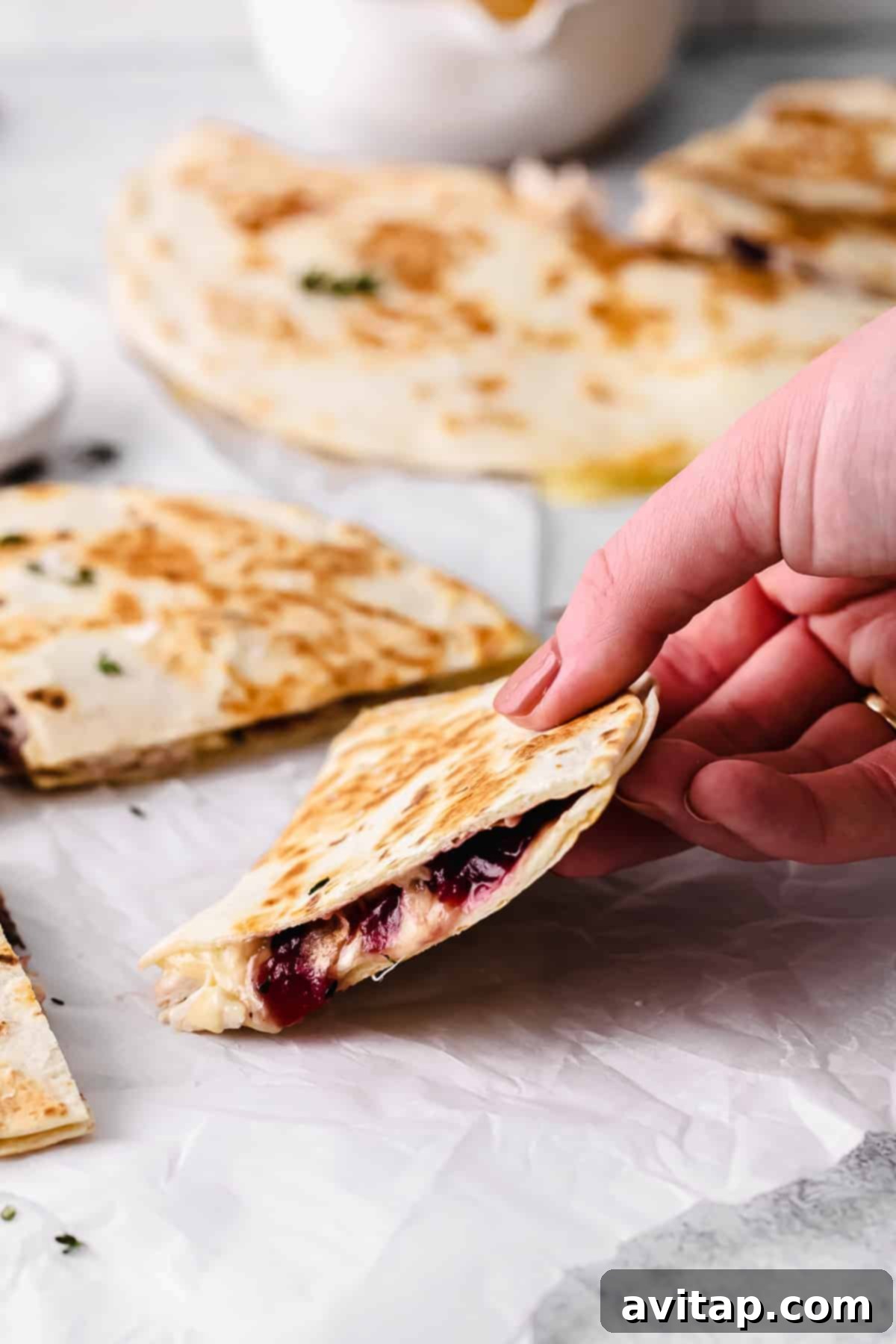 leftover thanksgiving turkey quesadilla in someone's hand