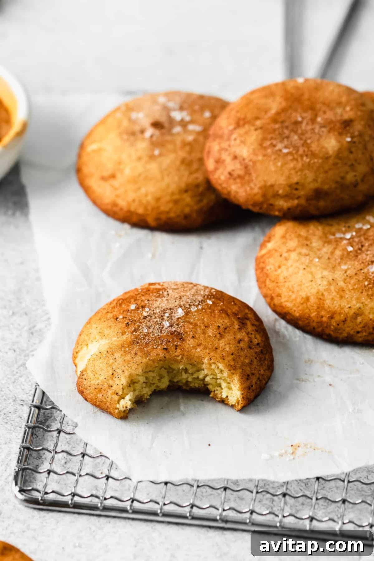 A snickerdoodle cookie with a bite taken out of it, showing its soft interior.