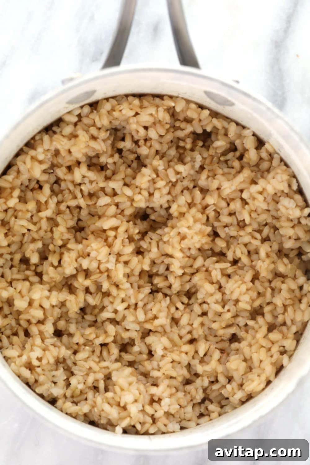 Close-up shot of perfectly cooked brown rice, showcasing its wholesome texture.