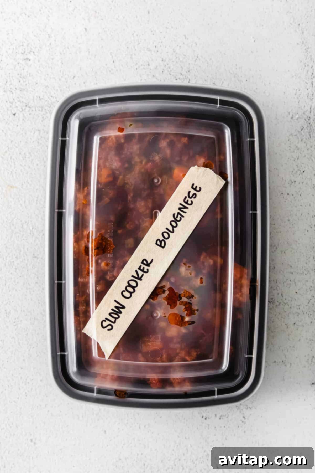 Freezer-Friendly Bolognese Sauce Slow cooker bolognese sauce stored in a freezer-safe container, ready for long-term storage.