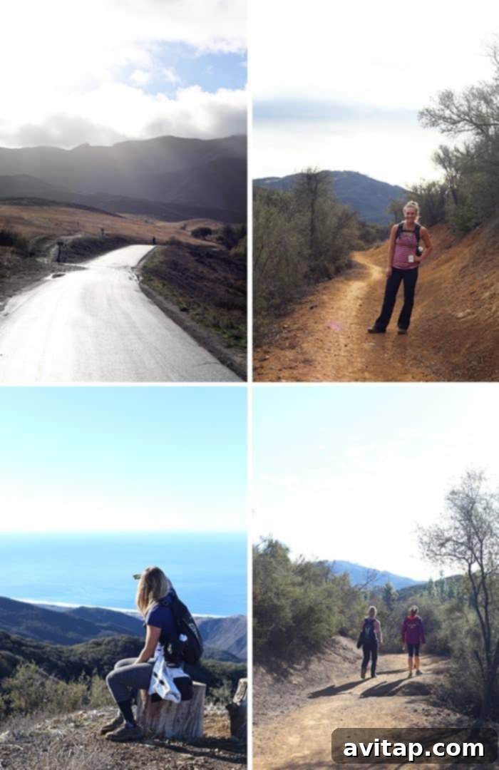 Group of friends pausing during a hike, smiling for the camera amidst the beautiful Malibu landscape.
