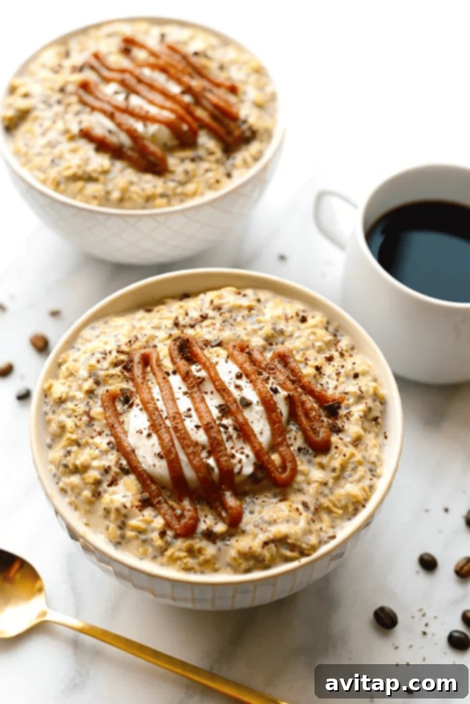 Coffee Kick Overnight Oats 2 Two bowls of coffee overnight oats with caramel sauce.