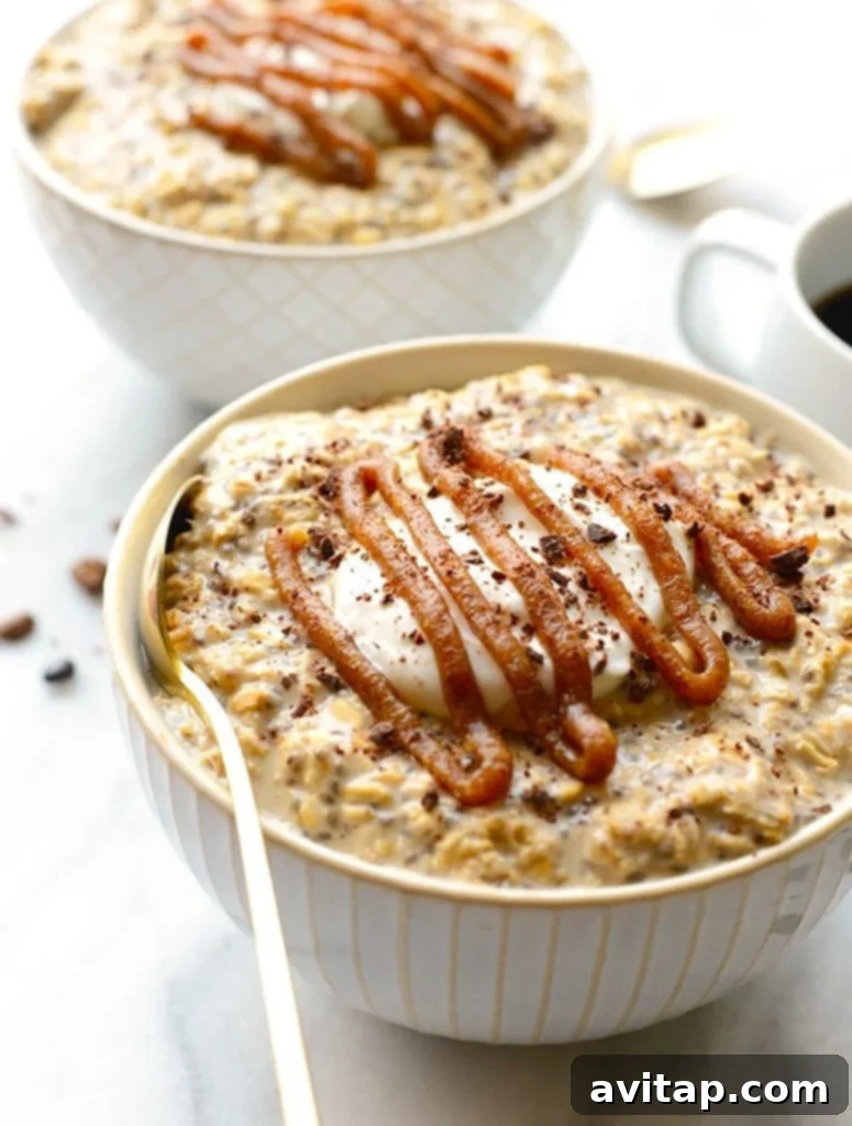 Coffee Kick Overnight Oats 5 Two bowls of Coffee Overnight Oats with caramel sauce and coffee.