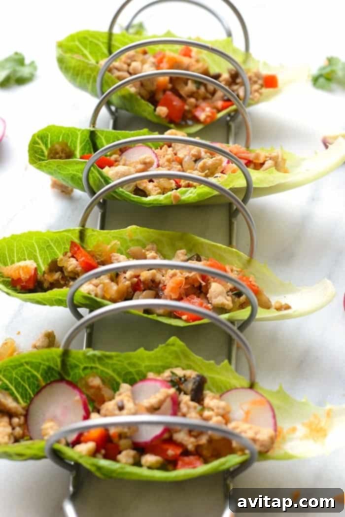 Delicious Thai Chicken Lettuce Wraps Ready to Eat Close-up of freshly made Thai Chicken Lettuce Wraps, artfully arranged in a taco holder, highlighting the colorful filling and garnishes.