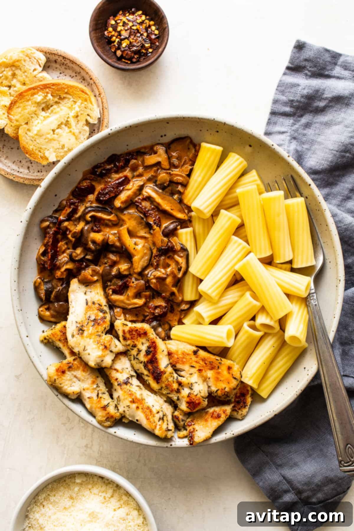 Bowl of creamy chicken mushroom pasta, garnished with fresh herbs