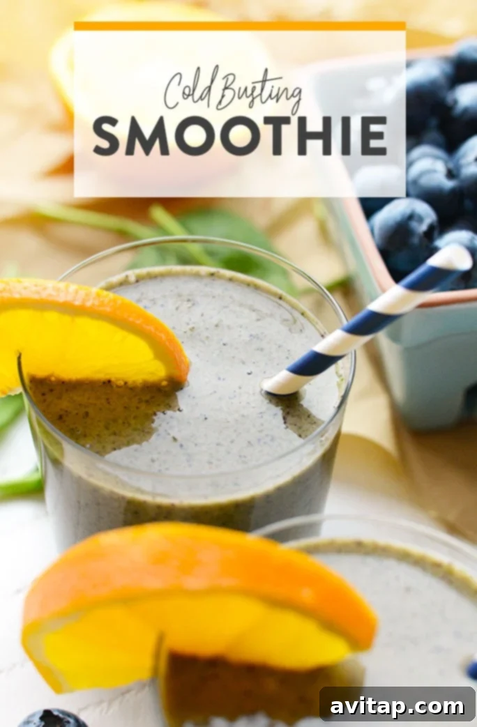 Two glasses of blueberry banana smoothie, one with an orange slice garnish.