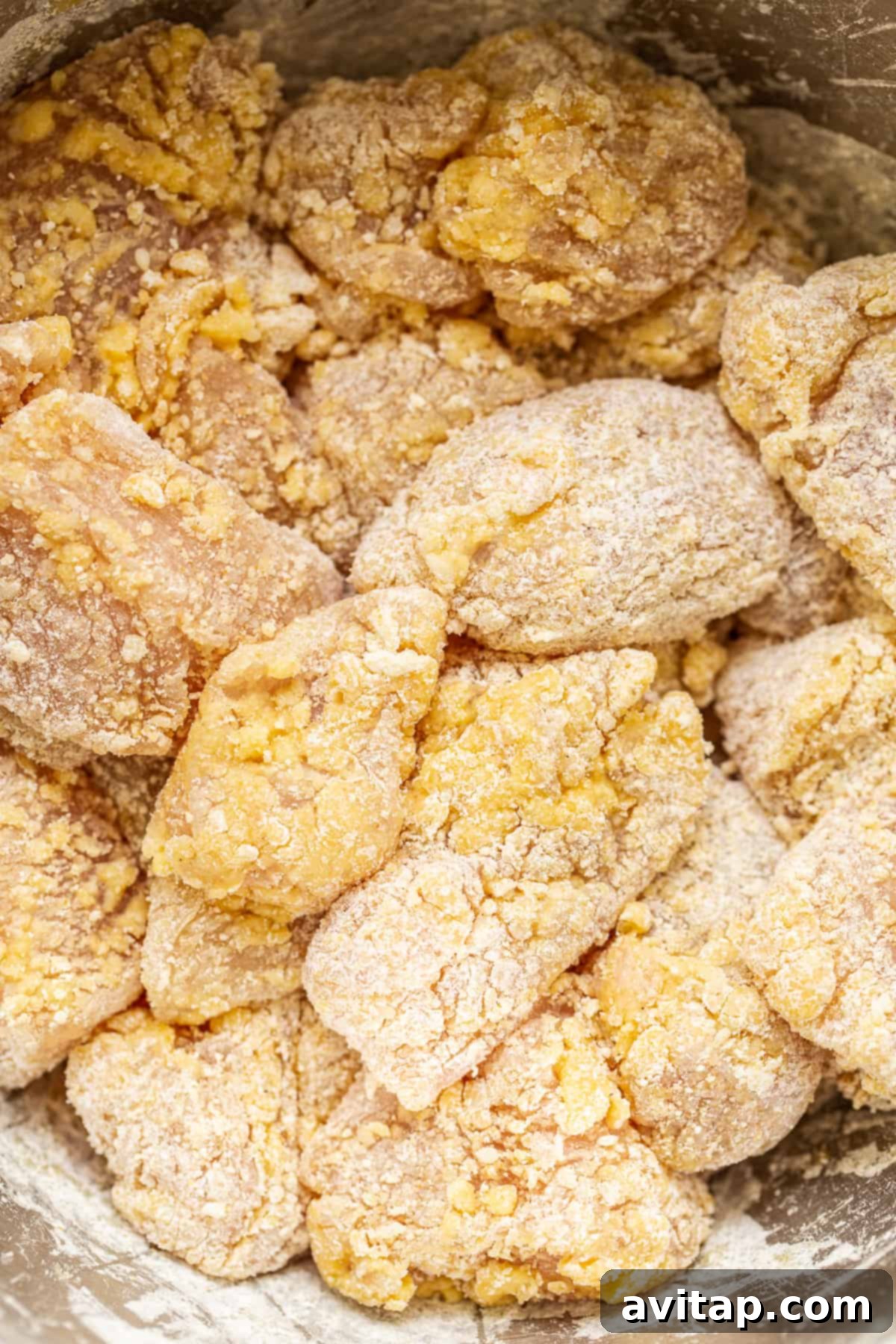 Chicken pieces coated in cornstarch, ready for air frying.