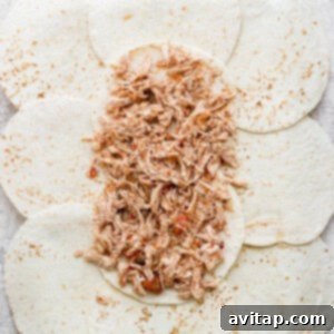 Shredded chicken and salsa mixture spread over the tortilla base on a baking sheet.