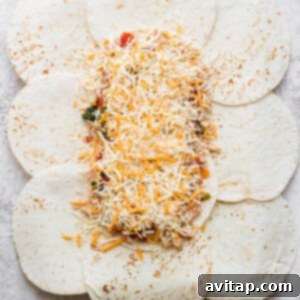 All the delicious filling layered on the tortillas, with the outer edges folded inwards to secure the contents.