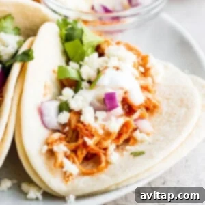 Assembled Chicken Tinga Tacos on a plate, garnished with fresh toppings.