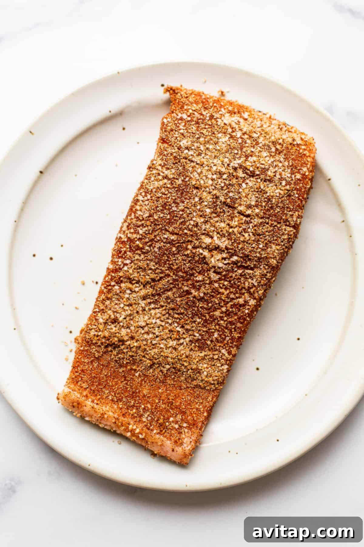 A raw salmon fillet, generously coated with a dark, rich dry rub, resting on a white plate, ready for the smoking process.