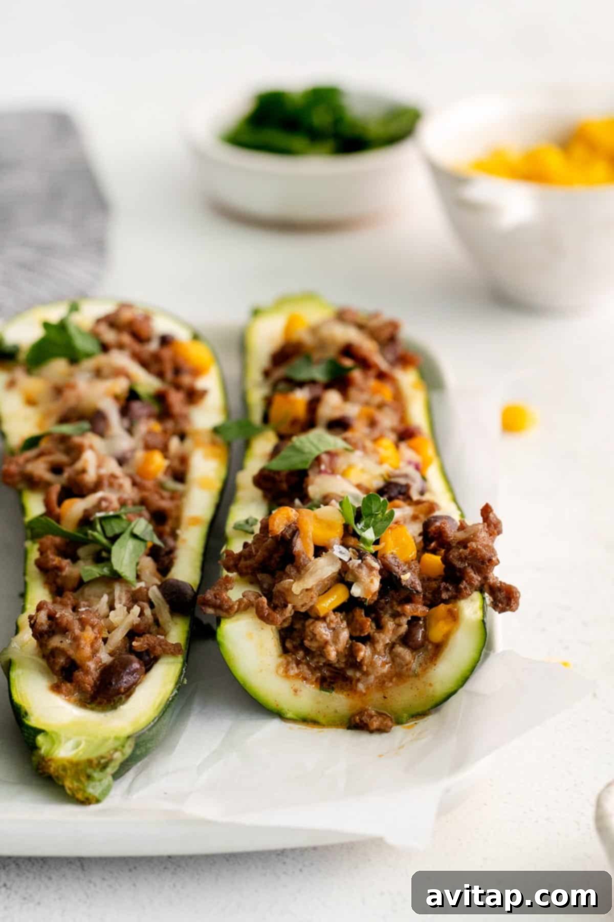 Perfectly cooked ground beef stuffed zucchini boat on a plate, ready to be enjoyed as a complete meal.