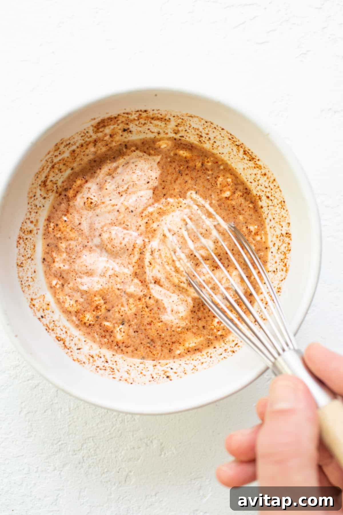 Burger sauce ingredients being whisked together in a bowl.