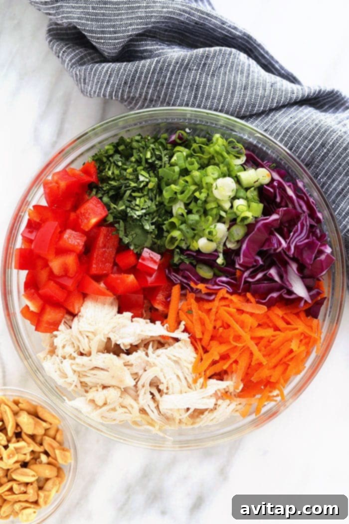 A close-up shot of the raw, fresh ingredients for Thai Peanut Chicken Salad arranged aesthetically in a mixing bowl before combining, highlighting the bright colors of the vegetables and the lean chicken breast.