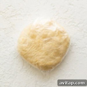 Empanada dough wrapped in plastic wrap, ready for chilling.