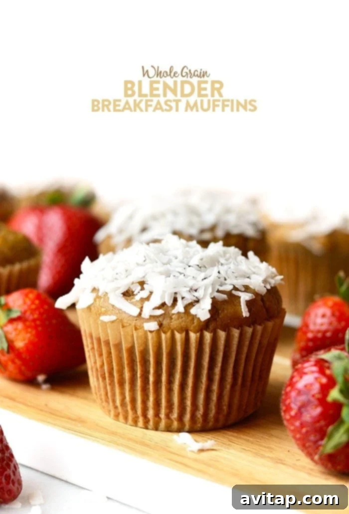 Whirlwind Strawberry Banana Muffins 2 Delicious whole grain blender breakfast muffins with pureed strawberries and bananas and 100% white whole wheat flour for a healthy on-the-go breakfast. Freshly baked and ready to enjoy.