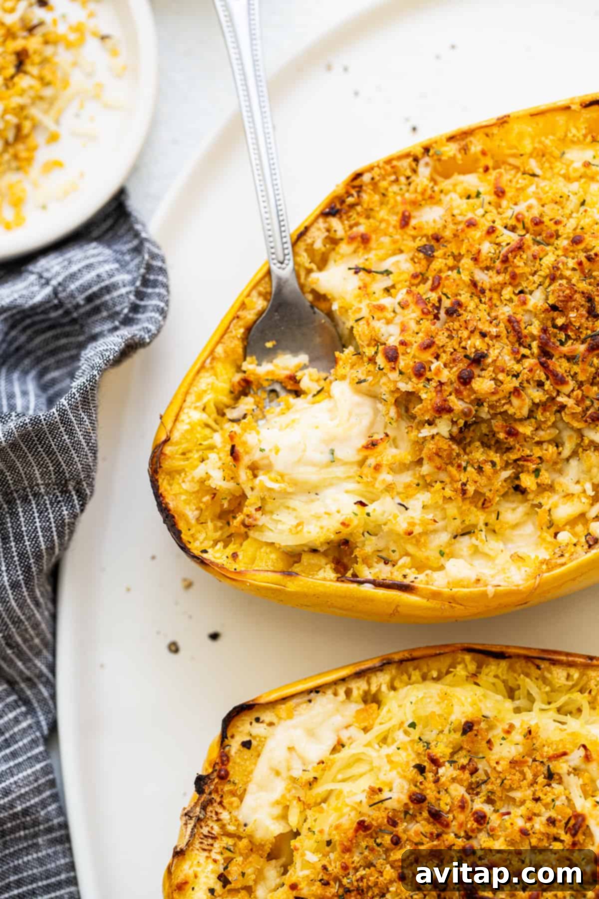 Delicious baked spaghetti squash mac and cheese with a fork lifting a cheesy strand, showcasing the golden breadcrumb topping.