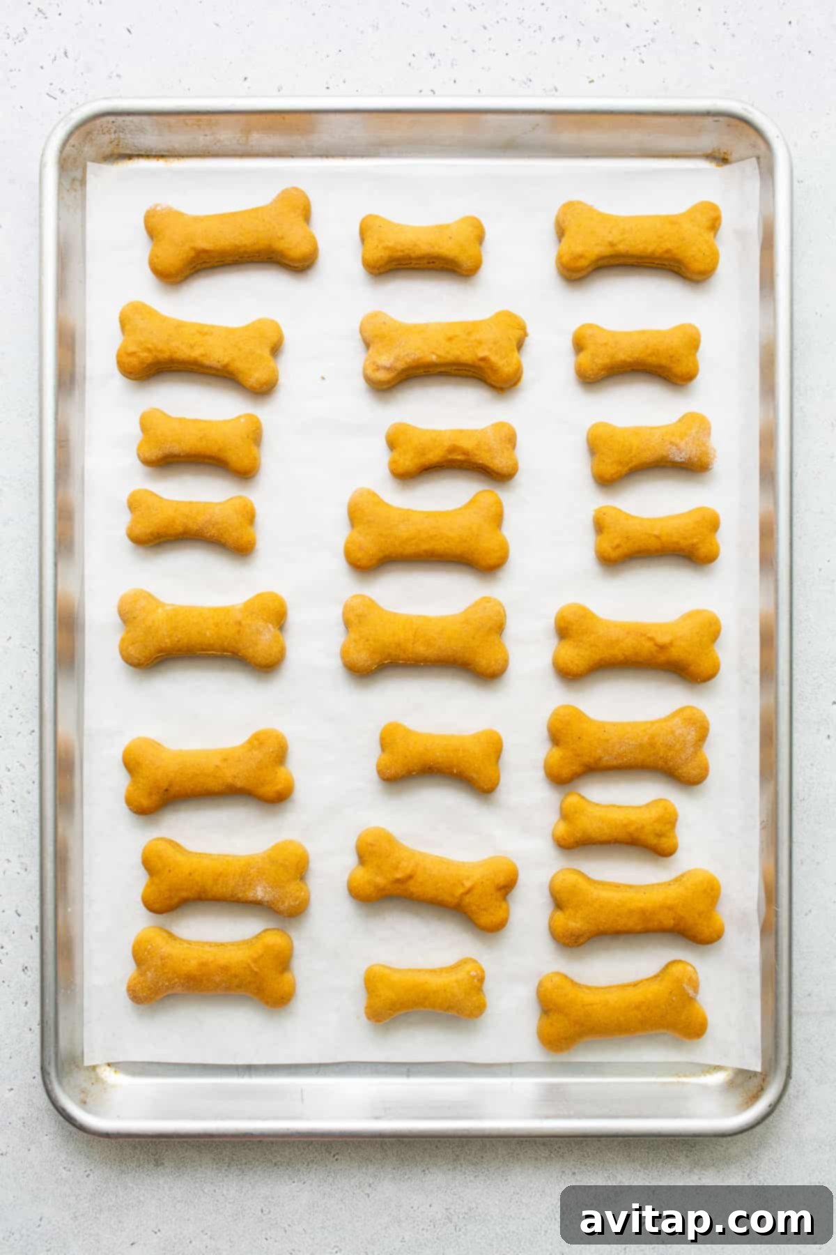 Freshly baked homemade dog treats cooling on a cookie sheet.