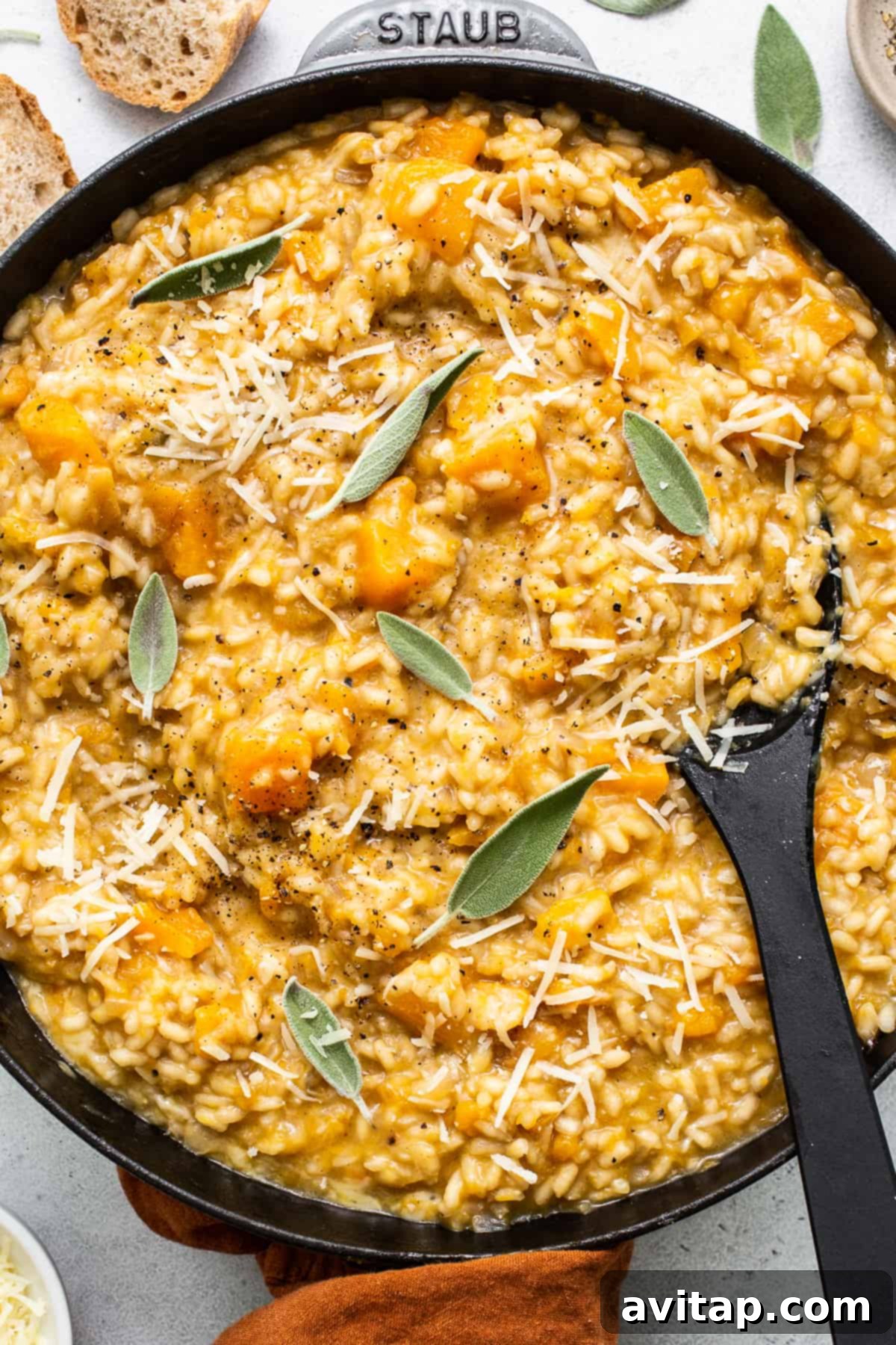 Butternut squash risotto topped with freshly grated parmesan and sage.