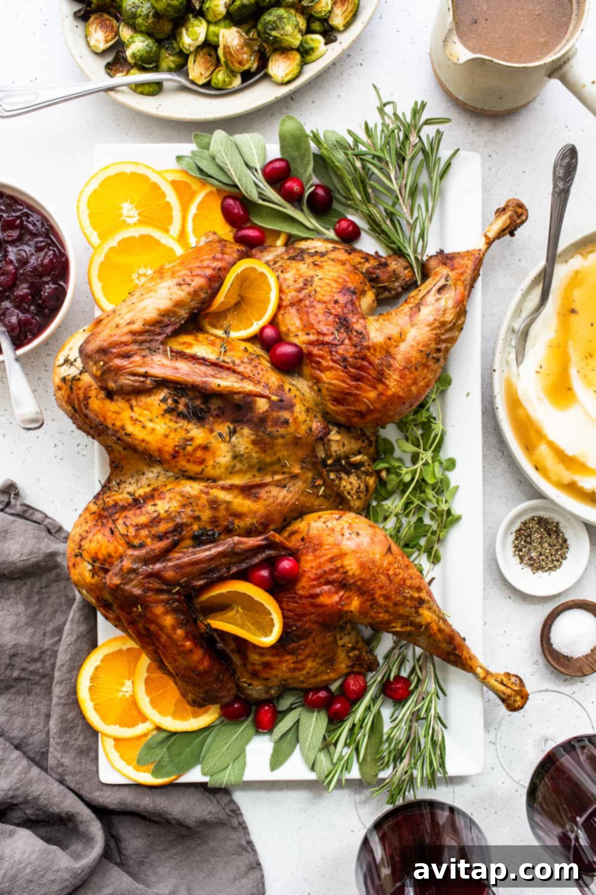 A close-up shot of a golden-brown roasted turkey, garnished with herbs and ready to be carved.