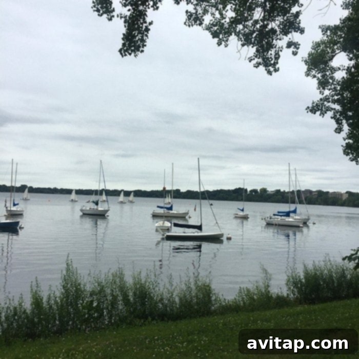 A scenic view of Lake Calhoun in Minneapolis with a paved walking path, ideal for summer activities and fitness.