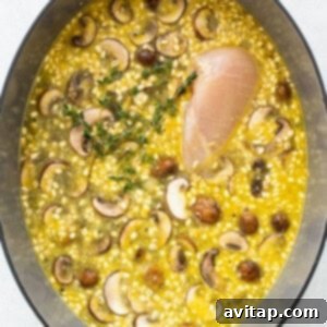 Raw chicken, barley, and broth simmering with vegetables in a Dutch oven.