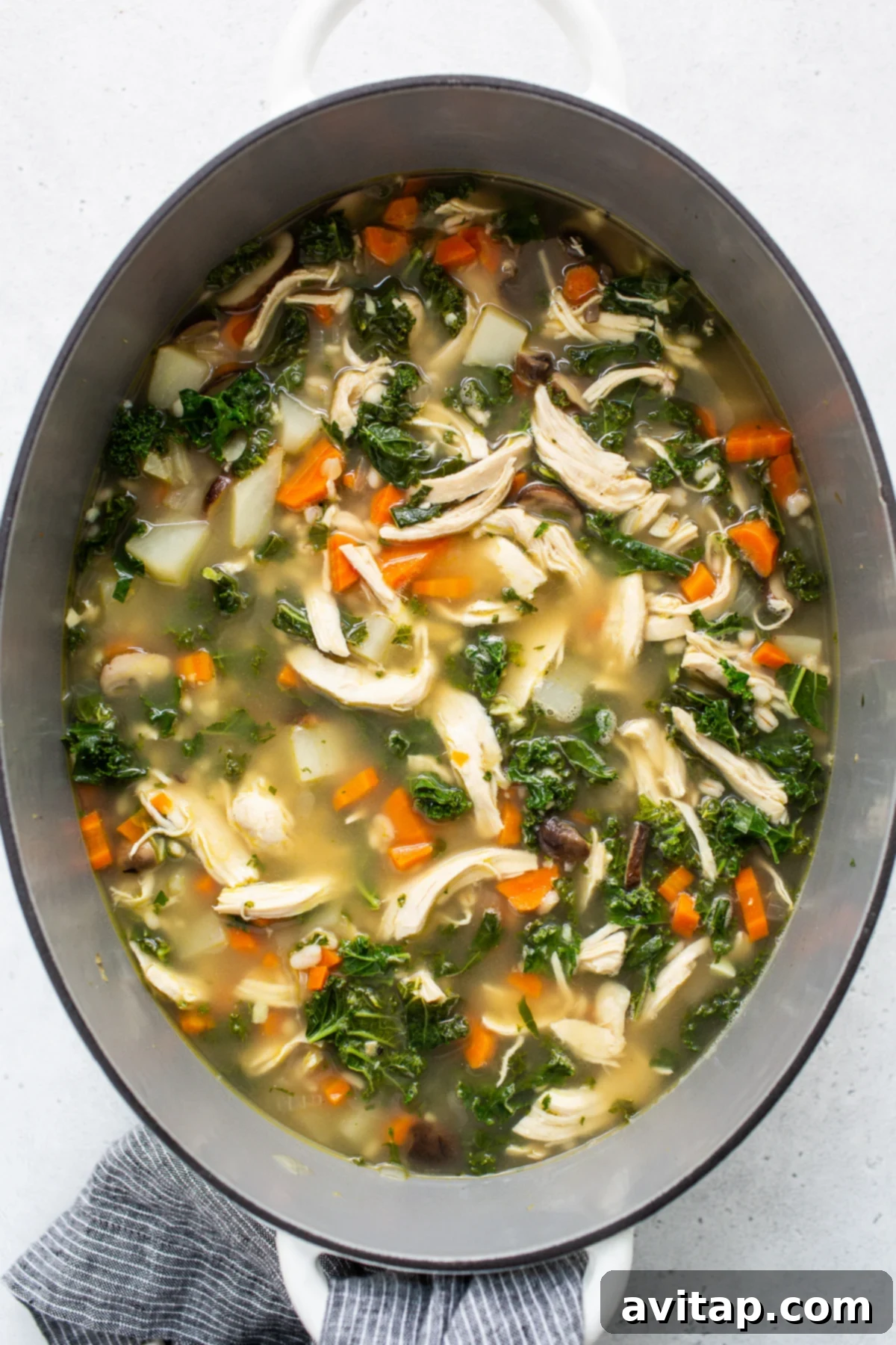 The Perfect Chicken Soup 7 A hearty bowl of chicken soup featuring tender shredded chicken and vibrant green kale.