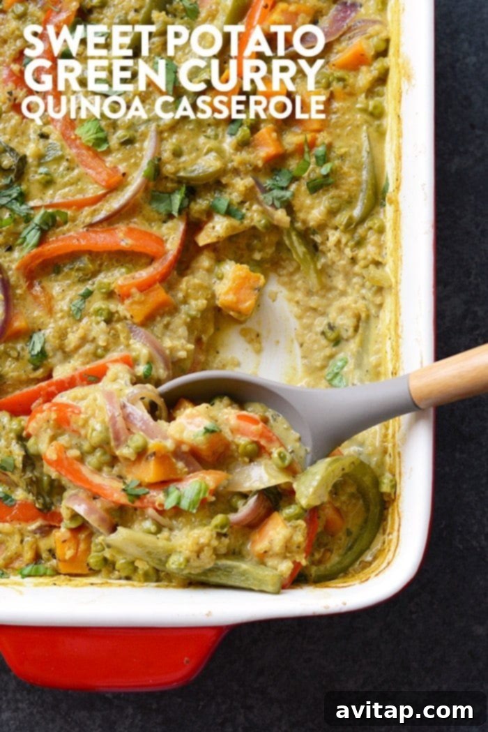 A vibrant Sweet Potato Green Curry Quinoa Casserole, garnished with fresh herbs, showcasing its rich texture and colorful vegetables, ready to be served.