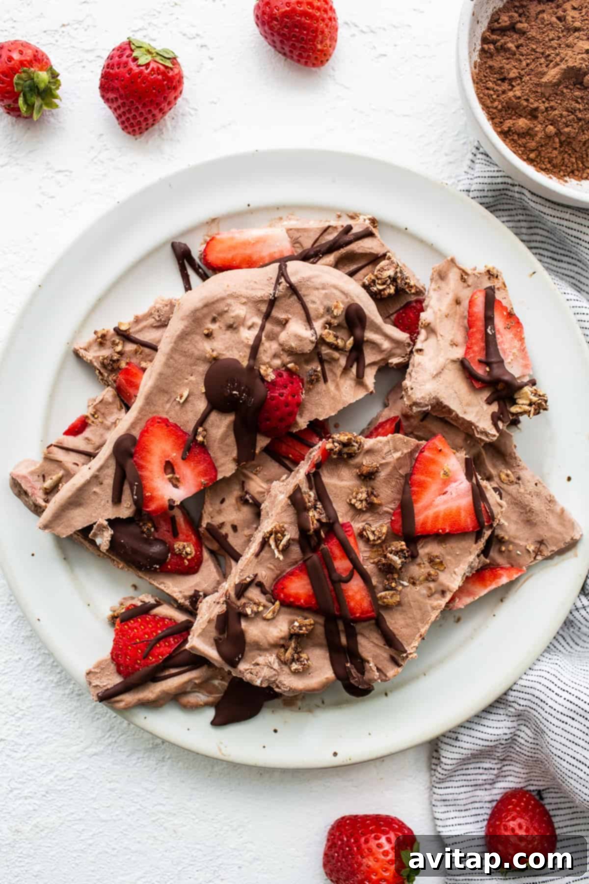 Beautifully arranged chocolate strawberry frozen yogurt bark on a plate, showcasing fresh strawberries, chocolate drizzle, and crunchy granola pieces.