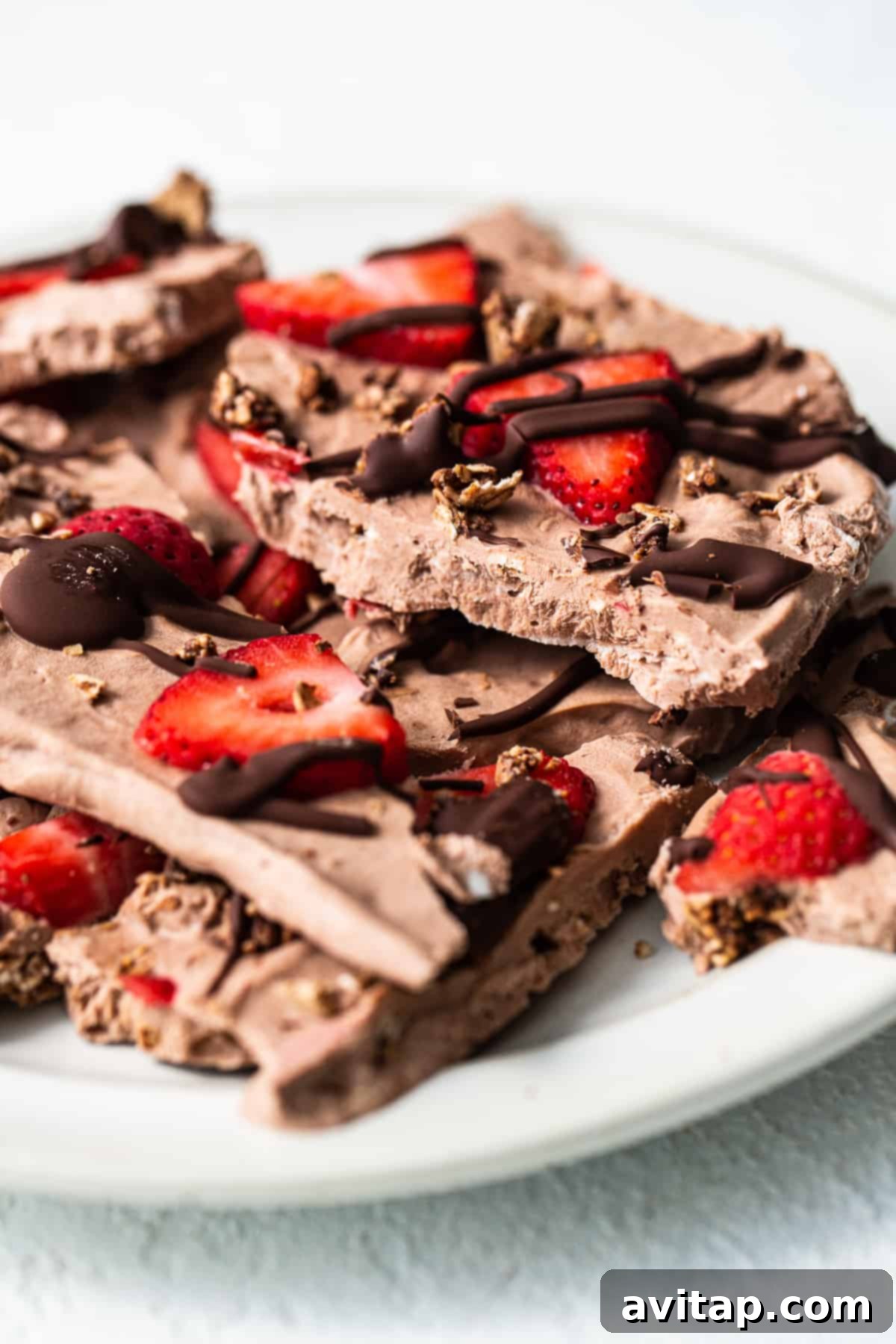 A beautiful serving of chocolate strawberry frozen yogurt bark on a plate, ready to be enjoyed as a refreshing treat.