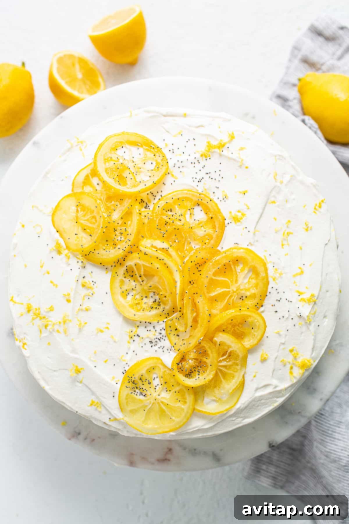 A beautifully decorated lemon poppy seed cake. Lemon poppy seed cake topped with glistening candied lemon slices.
