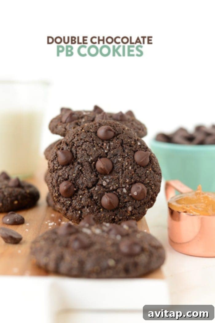 Delicious double chocolate flourless peanut butter cookies stacked on a plate, showcasing their gooey texture.