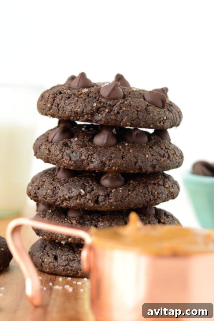 Close-up of flourless chocolate peanut butter cookies with chocolate chips and sea salt, ready to be enjoyed.