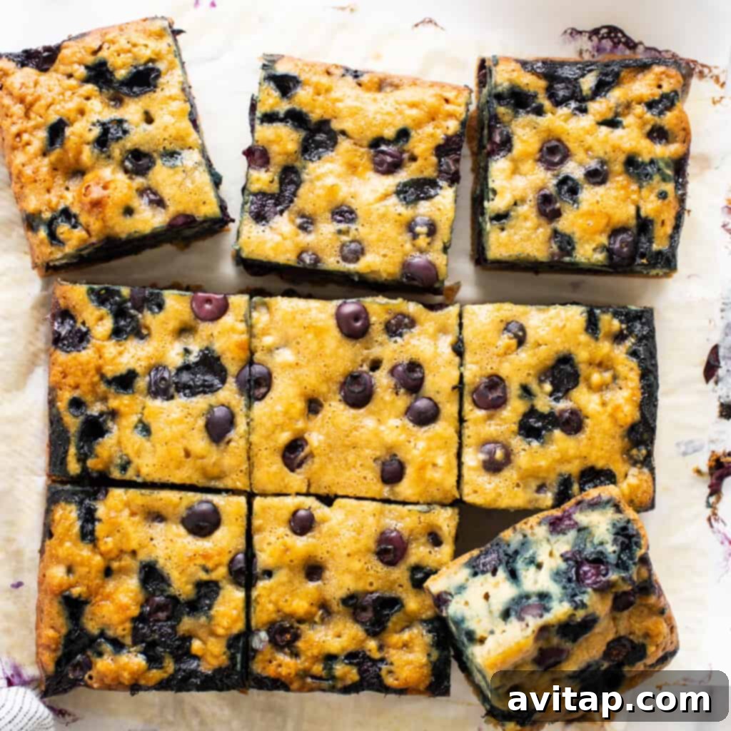 A beautifully presented slice of blueberry breakfast cake on a white plate, garnished with fresh blueberries and a generous drizzle of golden honey, ready to be eaten.