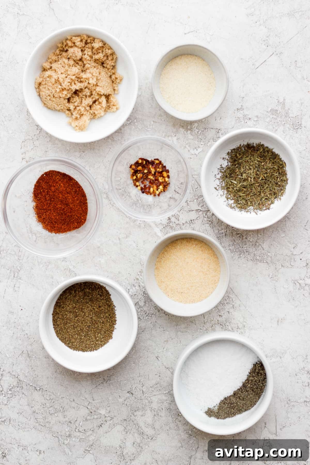 Rib rub ingredients in bowls.