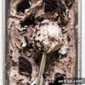 A scoop of delicious cookies and cream cottage cheese ice cream on an ice cream scoop, ready to be served.