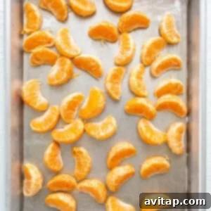 Clementine slices arranged on a baking sheet, ready for freezing for the Aperol Spritz slushies recipe.