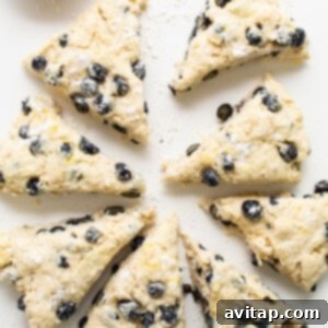 A white plate topped with raw blueberry scone wedges next to a cup of milk, ready for chilling.