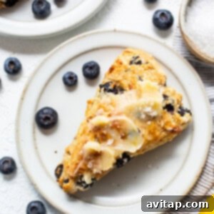 A perfect slice of a warm blueberry scone on a white plate, ready to be served.