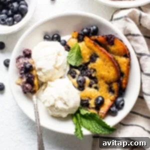 A delicious bowl of blueberry cobbler with a scoop of ice cream.