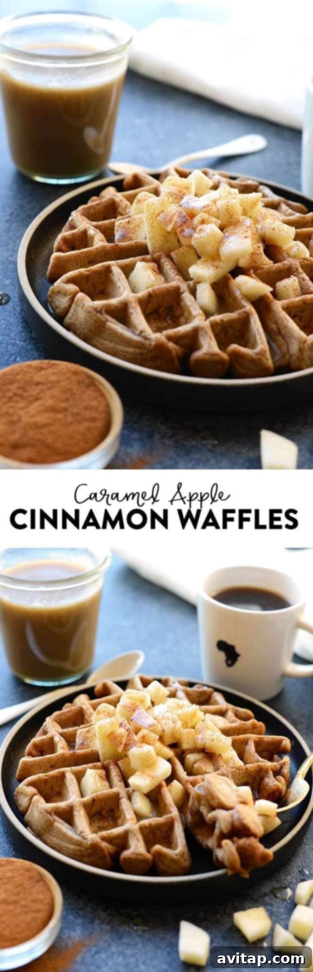 Spiced Apple Cinnamon Waffles 7 A vibrant, overhead shot of a platter of apple cinnamon waffles, generously topped with caramel sauce and garnished.